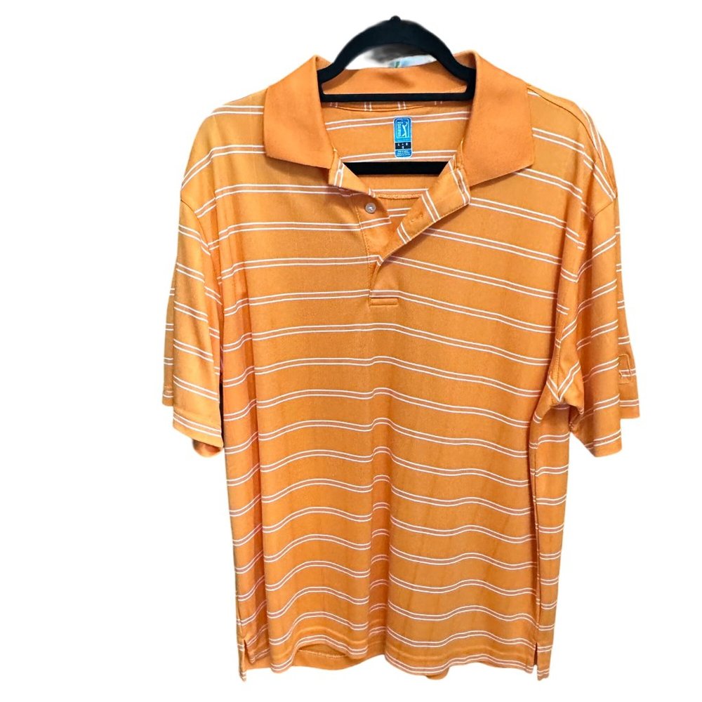 Official PGA Tour Apparel mens sz L orange striped collared 3 button golf shirt